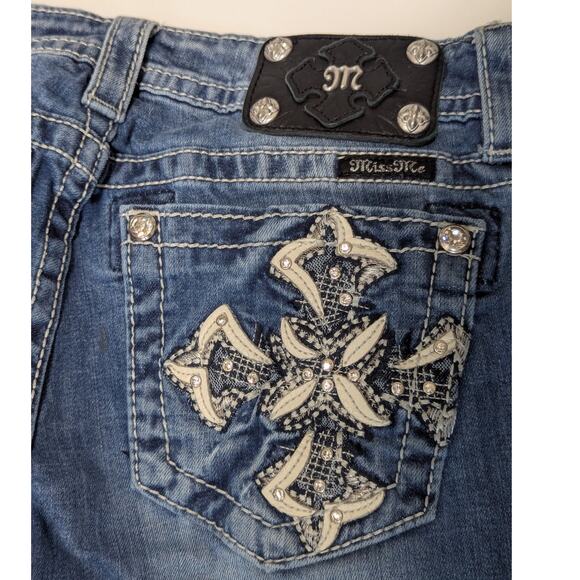Miss Me Signature Bootcut Jeans Womens 27 Denim Leather Patch Pocket Pants Blue - Picture 3 of 6